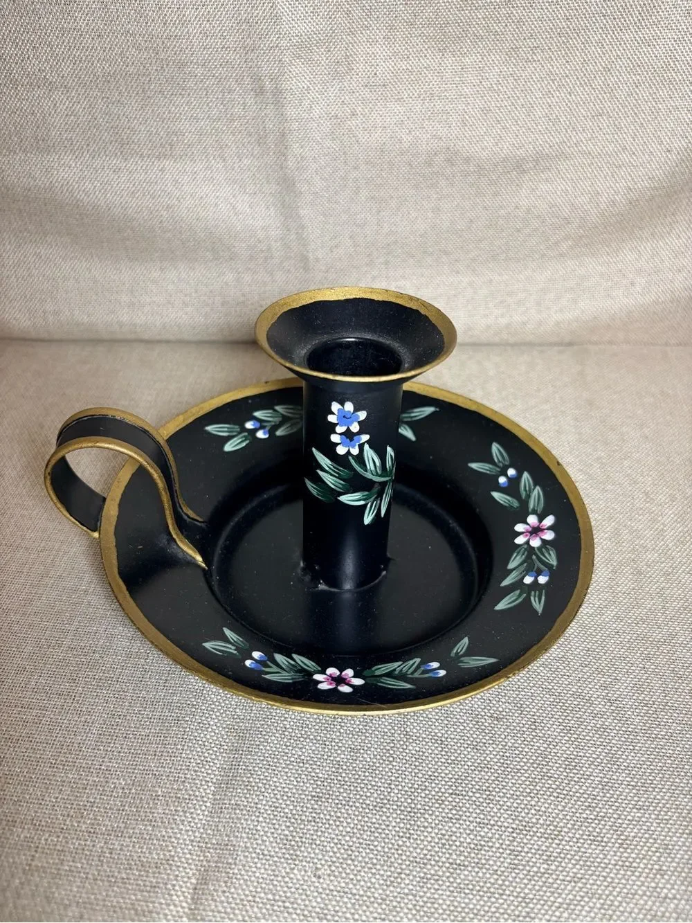 Vintage Centrum Toleware Chamberstick Candle Holder Hand Painted Floral 1989
